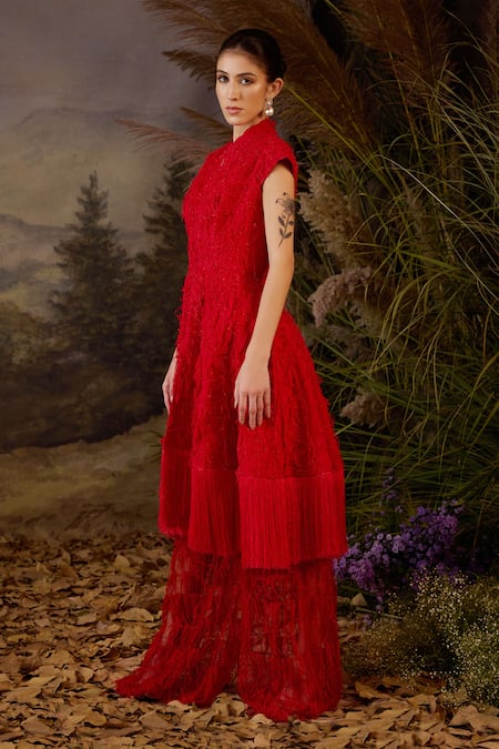 Shop Samant Chauhan Red Silk, Cotton, Organza Embroidery, Fringe Mandarin Collar And Dress Online at Aza Fashions Shop_Samant Chauhan_Red Silk, Cotton, Organza Embroidery, Fringe Mandarin Collar And Dress _Online_at_Aza_Fashions