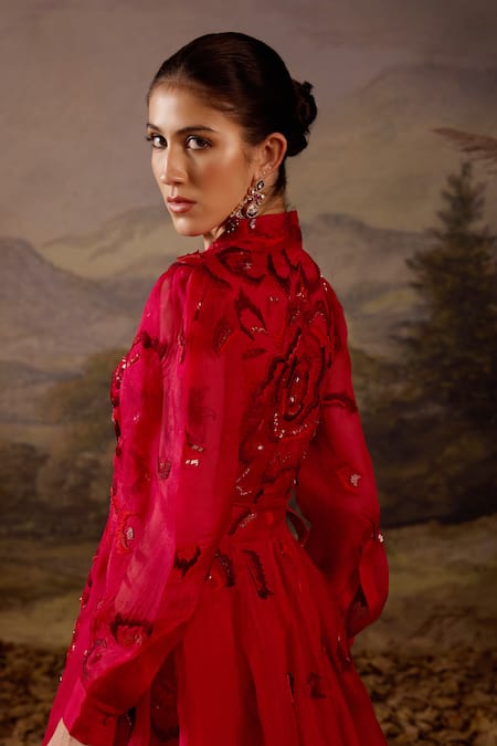 Buy Samant Chauhan Red Silk Organza Embroidery, Sequins Collared Floral Gown Online at Aza Fashions Buy_Samant Chauhan_Red Silk Organza Embroidery, Sequins Collared Floral Gown _Online_at_Aza_Fashions