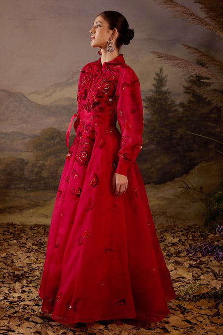 Shop Samant Chauhan Red Silk Organza Embroidery, Sequins Collared Floral Gown Online at Aza Fashions Shop_Samant Chauhan_Red Silk Organza Embroidery, Sequins Collared Floral Gown _Online_at_Aza_Fashions
