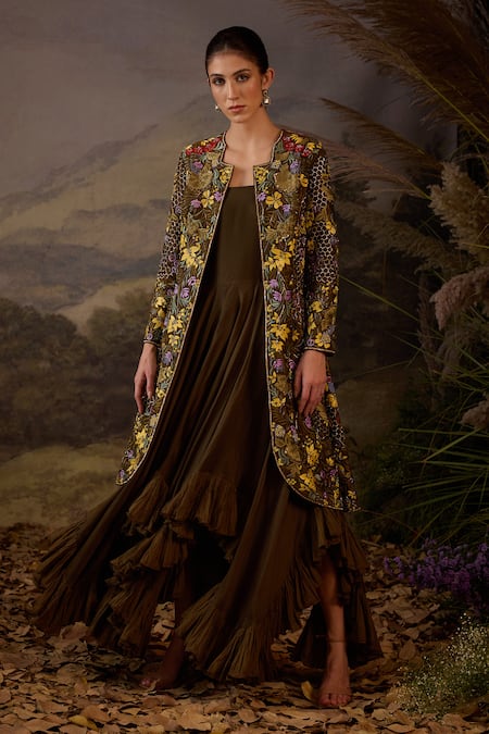 Samant Chauhan Zardozi Embroidered Cotton Silk Jacket & Dress Set