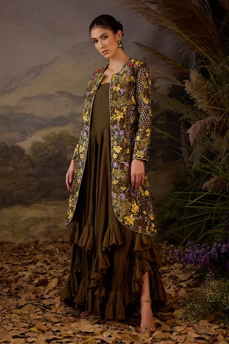 Samant Chauhan Yellow Silk Embroidery, Zari, Ruffles Open Zardozi Cotton Jacket And Dress Set Online at Aza Fashions Samant Chauhan_Yellow Silk Embroidery, Zari, Ruffles Open Zardozi Cotton Jacket And Dress Set _Online_at_Aza_Fashions