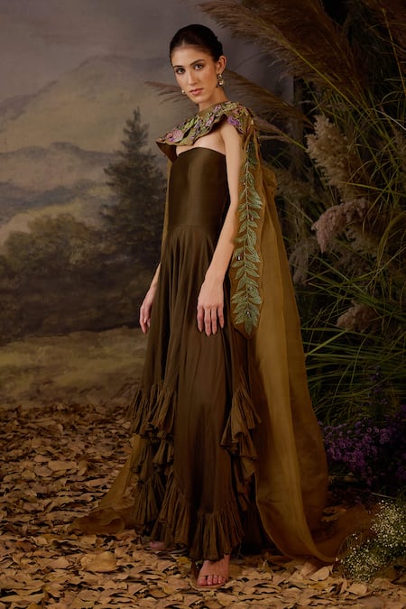 Buy Samant Chauhan Olive Green Silk, Organza Bandeau , Round Cotton And Gown & Cape Set Online at Aza Fashions Buy_Samant Chauhan_Olive Green Silk, Organza Bandeau , Round Cotton And Gown & Cape Set _Online_at_Aza_Fashions