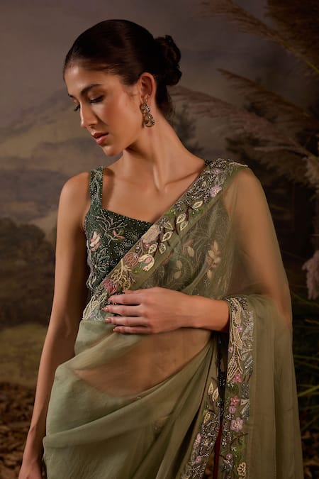 Samant Chauhan_Green Silk Organza Embroidery Square Neck Saree And Blouse Set _Online_at_Aza_Fashions