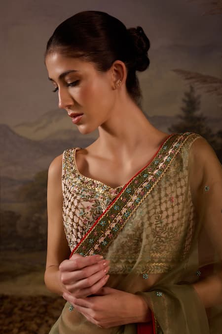 Samant Chauhan Olive Green Organza Embroidery Sweetheart Neck Floral Silk Saree And Blouse Set Online at Aza Fashions Samant Chauhan_Olive Green Organza Embroidery Sweetheart Neck Floral Silk Saree And Blouse Set _Online_at_Aza_Fashions