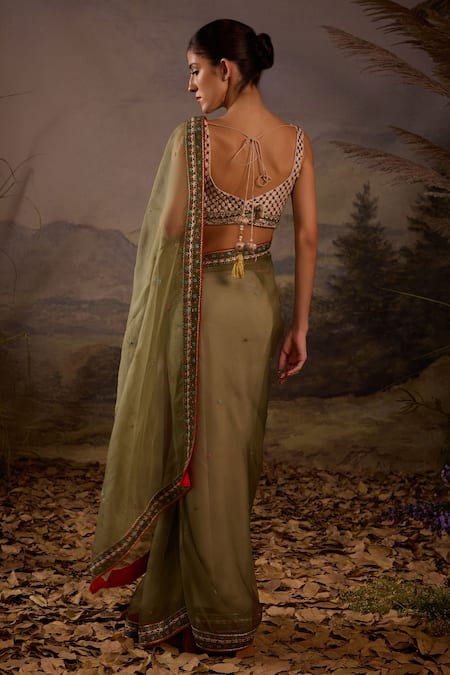 Samant Chauhan Floral Embroidered Organza Silk Saree & Blouse Set