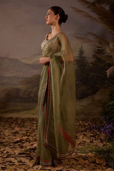 Buy Samant Chauhan Olive Green Organza Embroidery Sweetheart Neck Floral Silk Saree And Blouse Set Online at Aza Fashions Buy_Samant Chauhan_Olive Green Organza Embroidery Sweetheart Neck Floral Silk Saree And Blouse Set _Online_at_Aza_Fashions