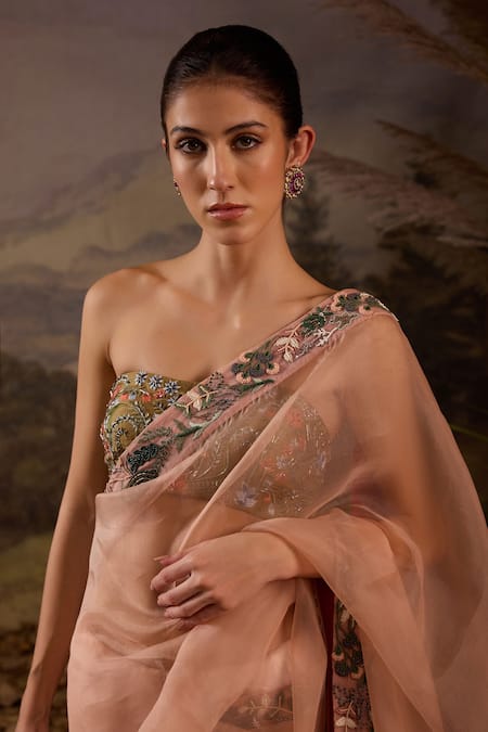 Samant Chauhan Pink Silk Organza Embroidery Bandeau Neck Saree And Blouse Set Online at Aza Fashions Samant Chauhan_Pink Silk Organza Embroidery Bandeau Neck Saree And Blouse Set _Online_at_Aza_Fashions