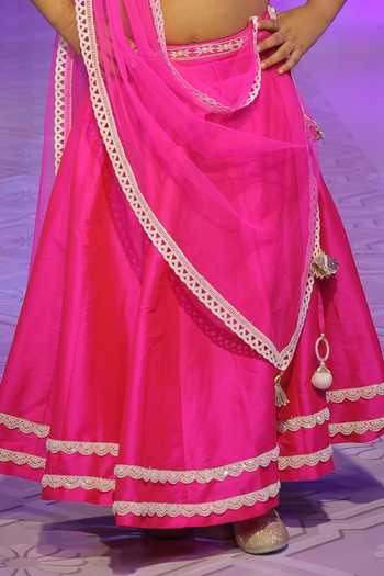 Buy_Yuvraani Jaipur_Fuchsia Silk, Cotton, Net, Taffeta Embroidery Pink Fendy Girls Lehenga Set _Online_at_Aza_Fashions