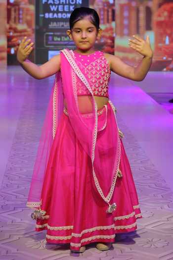 Shop_Yuvraani Jaipur_Fuchsia Silk, Cotton, Net, Taffeta Embroidery Pink Fendy Girls Lehenga Set _Online_at_Aza_Fashions