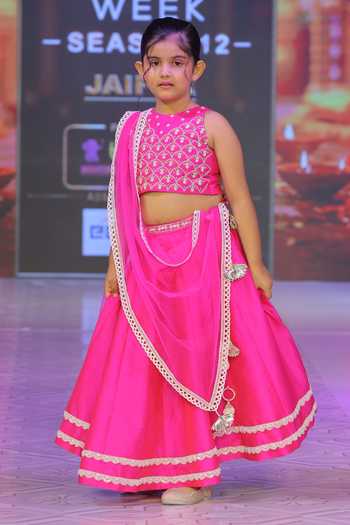 Yuvraani Jaipur_Fuchsia Silk, Cotton, Net, Taffeta Embroidery Pink Fendy Girls Lehenga Set _at_Aza_Fashions
