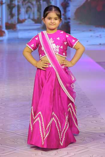 Shop_Yuvraani Jaipur_Pink Silk, Cotton, Net, Taffeta Embroidery Lehenga Set With Blouse And Dupatta _Online_at_Aza_Fashions