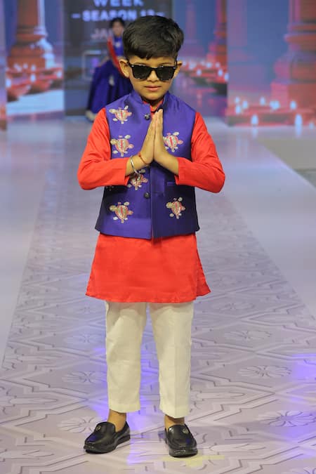 Shop_Yuvraani Jaipur_Blue Taffeta, Cotton, Silk Embroidery Hand Bundi Set _Online_at_Aza_Fashions