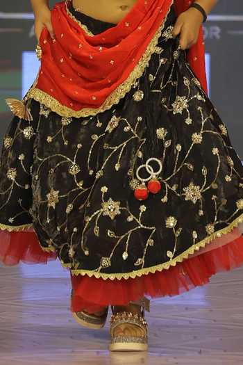 Shop_Yuvraani Jaipur_Black Silk, Cotton, Georgette Embroidery, Zari, Gota Patti Lehenga Set 