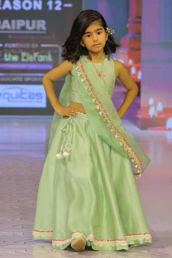 Shop_Yuvraani Jaipur_Net, Silk, Cotton Embroidery, Tassels Sage Green Lehenga Set 