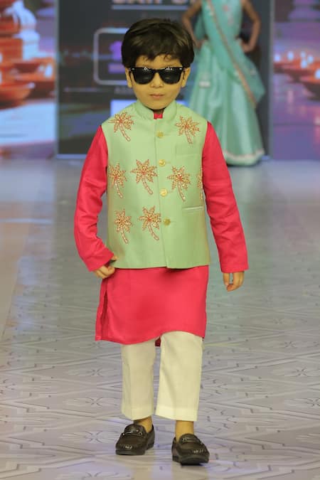 Yuvraani Jaipur_Pink Silk, Cotton, Taffeta Embroidery Sage Green Hand Bundi Set _Online_at_Aza_Fashions