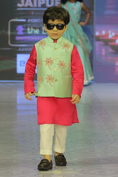 Shop_Yuvraani Jaipur_Pink Silk, Cotton, Taffeta Embroidery Sage Green Hand Bundi Set _Online_at_Aza_Fashions