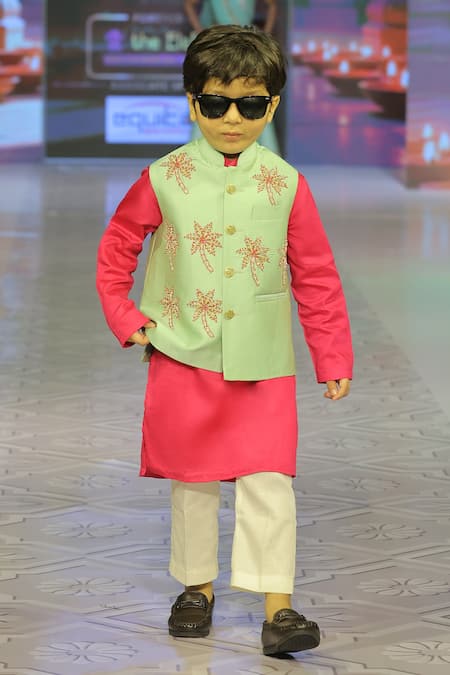 Yuvraani Jaipur_Pink Silk, Cotton, Taffeta Embroidery Sage Green Hand Bundi Set _at_Aza_Fashions