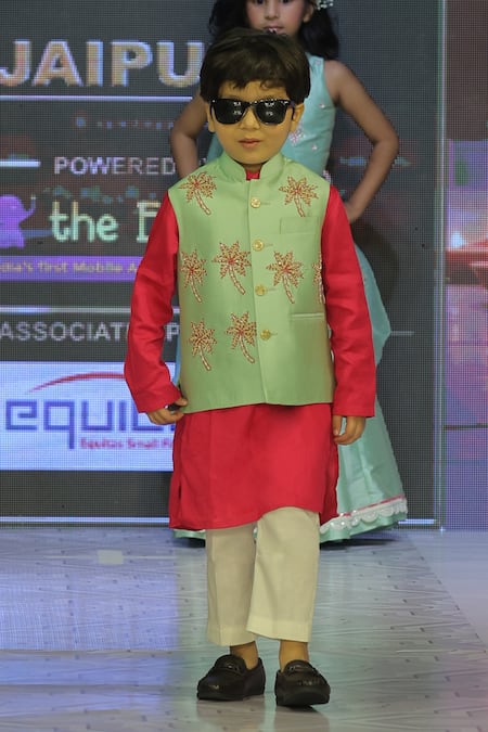 Shop_Yuvraani Jaipur_Pink Silk, Cotton, Taffeta Embroidery Sage Green Hand Bundi Set 