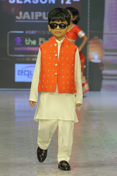 Buy_Yuvraani Jaipur_Orange Silk, Cotton, Taffeta Embroidery Hand Bundi Set _Online_at_Aza_Fashions