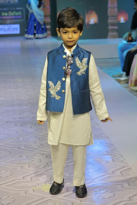 Yuvraani Jaipur_Blue Silk, Cotton, Taffeta Embroidery Navy Hand Bundi Set _Online_at_Aza_Fashions