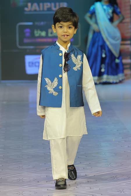 Shop_Yuvraani Jaipur_Blue Silk, Cotton, Taffeta Embroidery Navy Hand Bundi Set _Online_at_Aza_Fashions