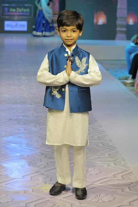 Yuvraani Jaipur_Blue Silk, Cotton, Taffeta Embroidery Navy Hand Bundi Set _at_Aza_Fashions