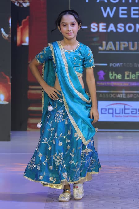 Buy_Yuvraani Jaipur_Teal Taffeta, Silk, Cotton Zari, Tassels Floral Pattern Lehenga Set _Online_at_Aza_Fashions