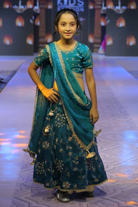 Shop_Yuvraani Jaipur_Teal Taffeta, Silk, Cotton Zari, Tassels Floral Pattern Lehenga Set _Online_at_Aza_Fashions