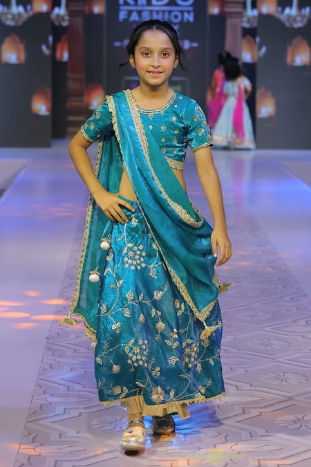 Shop_Yuvraani Jaipur_Teal Taffeta, Silk, Cotton Zari, Tassels Floral Pattern Lehenga Set 