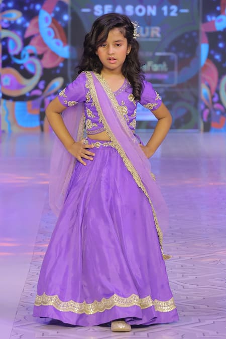 Shop_Yuvraani Jaipur_Purple Net, Silk, Cotton, Taffeta Zari, Sequins Embroidered Lehenga Set _Online_at_Aza_Fashions