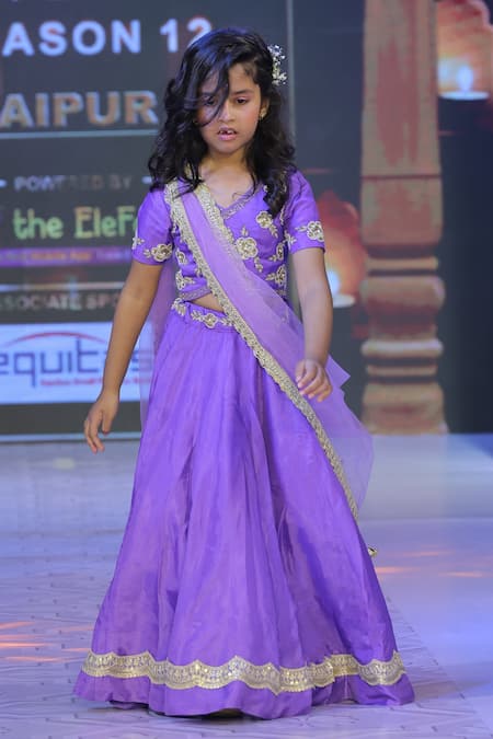 Shop_Yuvraani Jaipur_Purple Net, Silk, Cotton, Taffeta Zari, Sequins Embroidered Lehenga Set 