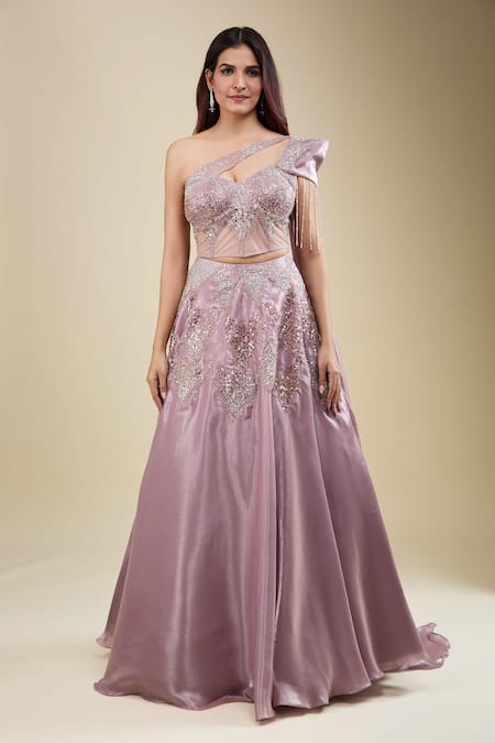 Shop Samyukta Singhania Pink Organza Sequins, Stones, Embroidery, Zari One Blouse And Lehenga Set Shop_Samyukta Singhania_Pink Organza Sequins, Stones, Embroidery, Zari One Blouse And Lehenga Set
