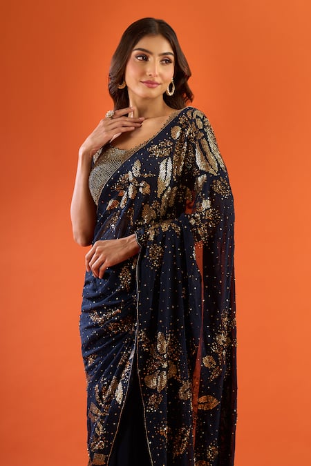 Buy Nakul Sen Navy Sequins, Zari, Metallic Thread Scoop Neck Work Saree With Blouse Online at Aza Fashions Buy_Nakul Sen_Navy Sequins, Zari, Metallic Thread Scoop Neck Work Saree With Blouse _Online_at_Aza_Fashions