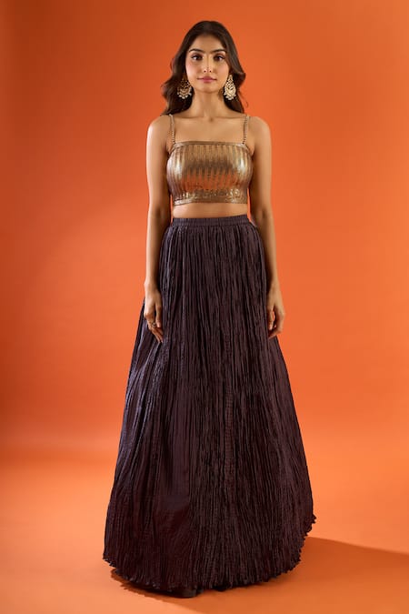 Buy_Nakul Sen_Gold Sequins, Metallic Thread Square Neck, Round Embroidered Cape Lehenga Set _Online_at_Aza_Fashions