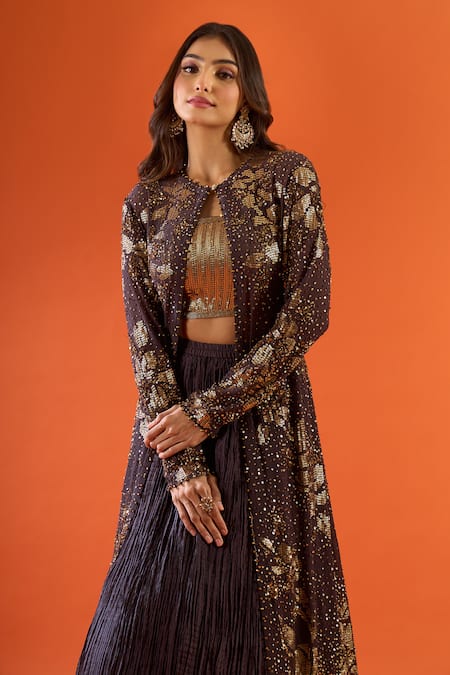 Shop_Nakul Sen_Gold Sequins, Metallic Thread Square Neck, Round Embroidered Cape Lehenga Set _Online_at_Aza_Fashions