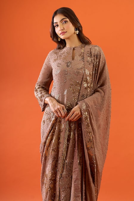 Buy Nakul Sen Brown Sequins, Beads, Embroidery, Fringe, Tassels Keyhole Neck Kurta Palazzo Set Online at Aza Fashions Buy_Nakul Sen_Brown Sequins, Beads, Embroidery, Fringe, Tassels Keyhole Neck Kurta Palazzo Set _Online_at_Aza_Fashions