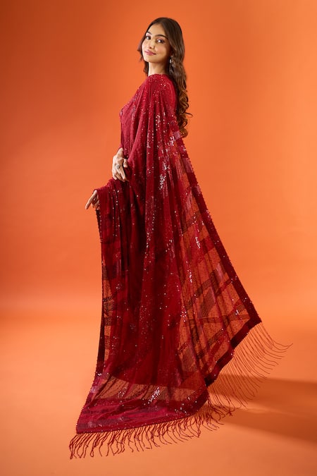 Nakul Sen_Red Sequins, Fringe Embroidered Saree With Blouse _at_Aza_Fashions