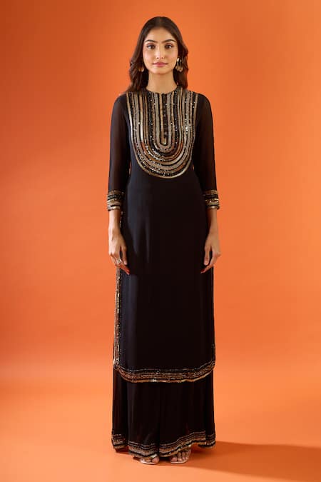 Buy_Nakul Sen_Black Beads, Sequins, Fringe Round Neck Placement Embroidered Kurta Set _Online_at_Aza_Fashions
