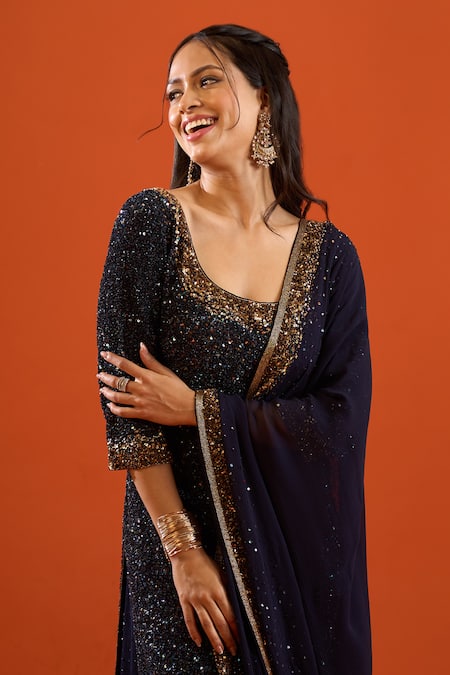 Buy_Nakul Sen_Blue Sequins, Beads, Tassels Scoop Neck Embroidered Kurta Palazzo Set _Online_at_Aza_Fashions