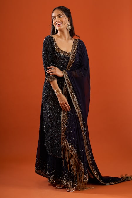 Shop_Nakul Sen_Blue Sequins, Beads, Tassels Scoop Neck Embroidered Kurta Palazzo Set _Online_at_Aza_Fashions