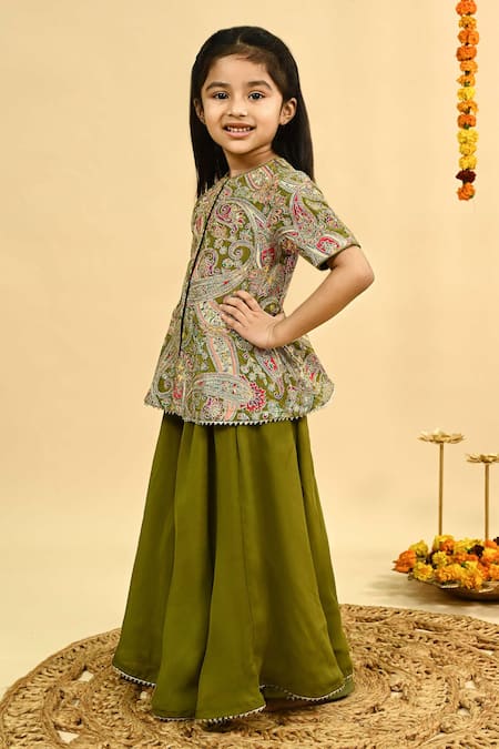 Buy_Taber Tikri_Olive Green Chinon Zari Work Top And Sharara Set 