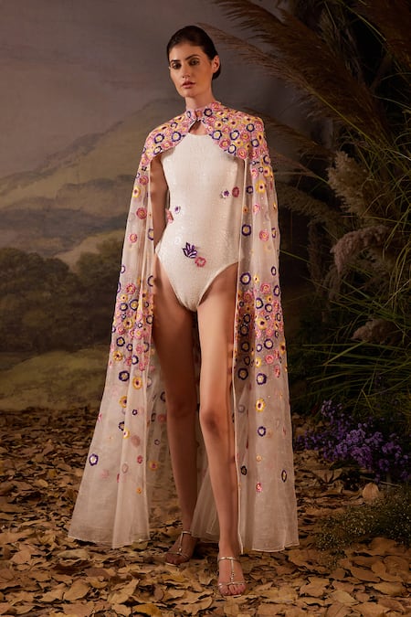 Samant Chauhan Embroidered Floral Cotton Silk Cape & Bodysuit Set