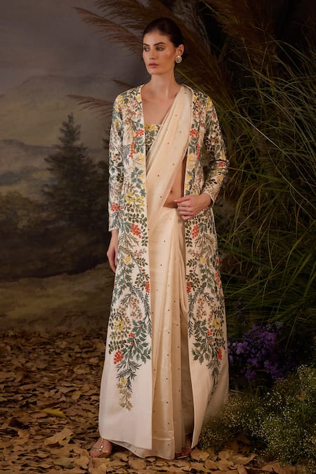 Samant Chauhan Floral Embroidered Cotton Silk Saree Set with Jacket