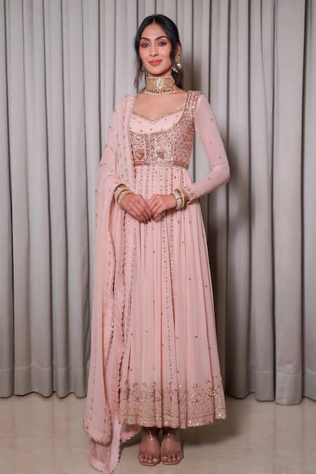 Buy_Esha Koul_Pink Silk, Georgette, Crepe Embroidery, Sequins, Embellished Jacket Anarkali Set 