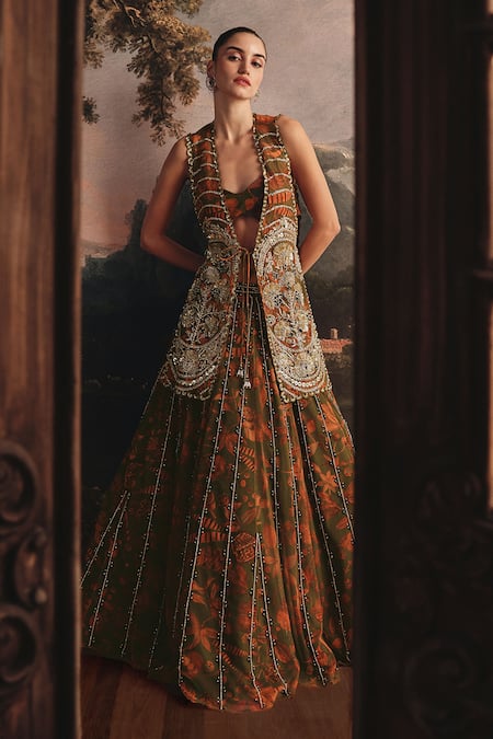 Payal & Zinal_Green Net Sequins, Beads, Zari, Crystals, Floral Print Cape And Lehenga Set _Online_at_Aza_Fashions