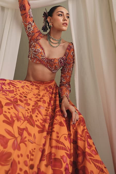 Payal & Zinal_Red Net Embroidery, Sequins, Beads, Pearls Sweetheart Floral Print Lehenga Set _Online_at_Aza_Fashions