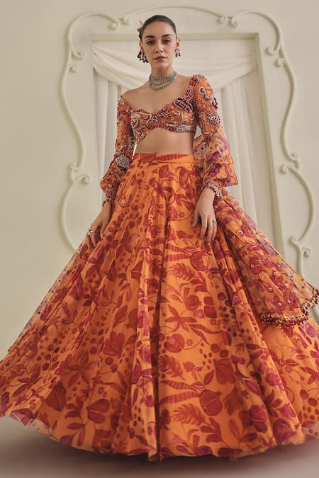 Buy_Payal & Zinal_Red Net Embroidery, Sequins, Beads, Pearls Sweetheart Floral Print Lehenga Set _Online_at_Aza_Fashions