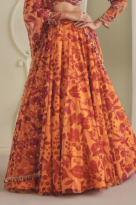 Shop_Payal & Zinal_Red Net Embroidery, Sequins, Beads, Pearls Sweetheart Floral Print Lehenga Set _Online_at_Aza_Fashions
