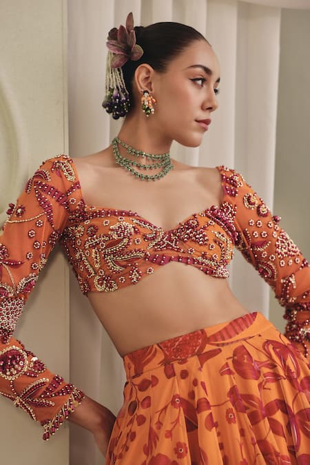 Payal & Zinal_Red Net Embroidery, Sequins, Beads, Pearls Sweetheart Floral Print Lehenga Set _at_Aza_Fashions