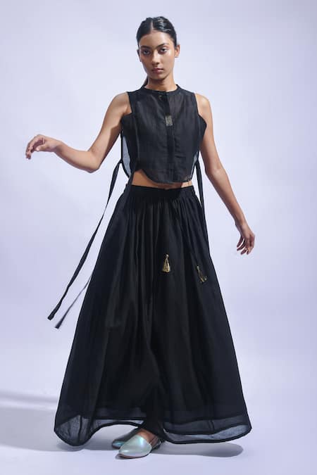 Buy JAYATI GOENKA Black Chanderi Silk Tassels High Neck Top And Skirt Set Online at Aza Fashions Buy_JAYATI GOENKA_Black Chanderi Silk Tassels High Neck Top And Skirt Set _Online_at_Aza_Fashions